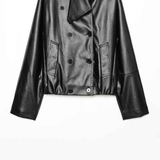 Damen Cropped Kunstlederjacke mit weitem Funnelkragen und doppelreihiger Knopfleiste Nord Taschen