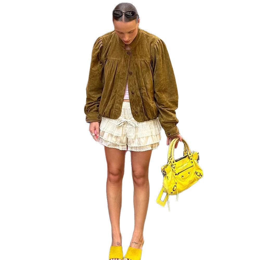 Damen Kurze Velourslederjacke mit Faltenlegung, Puffärmeln & Knopfleiste Nord Taschen