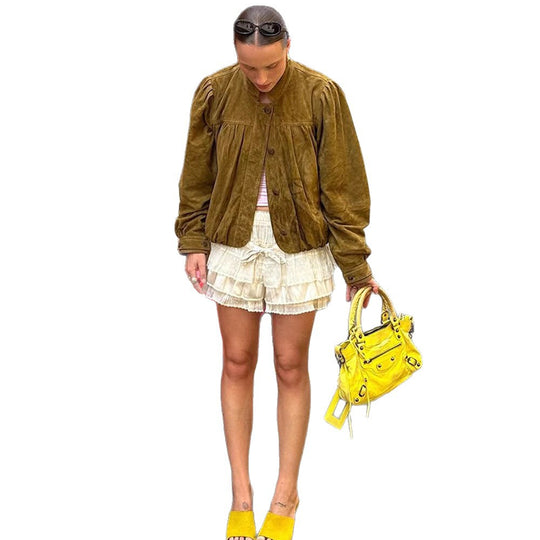 Damen Kurze Velourslederjacke mit Faltenlegung, Puffärmeln & Knopfleiste Nord Taschen