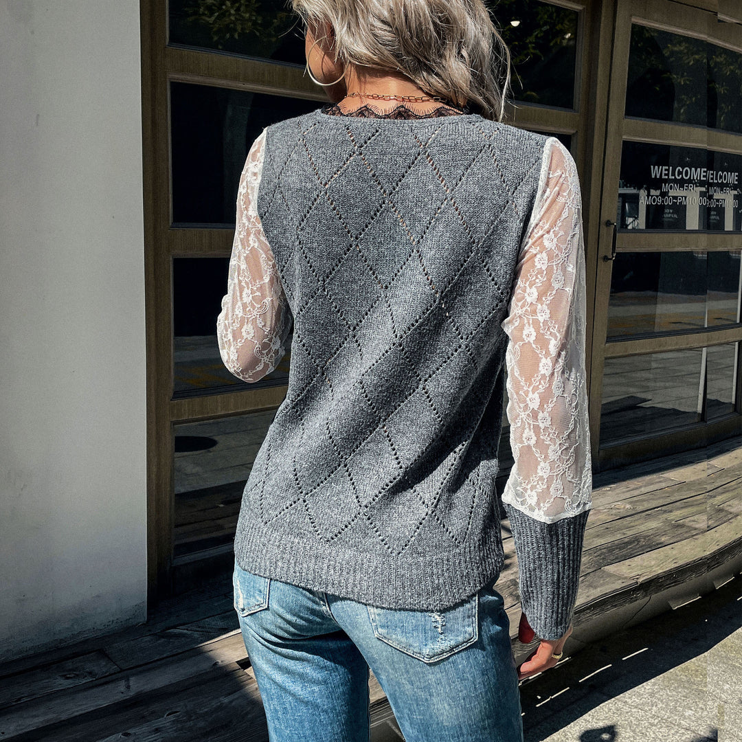 Damen Lässiger Feinstrickpullover mit Ajour‑Rautenmuster, transparenten Spitzenärmeln und gerippten Bündchen Nord Taschen
