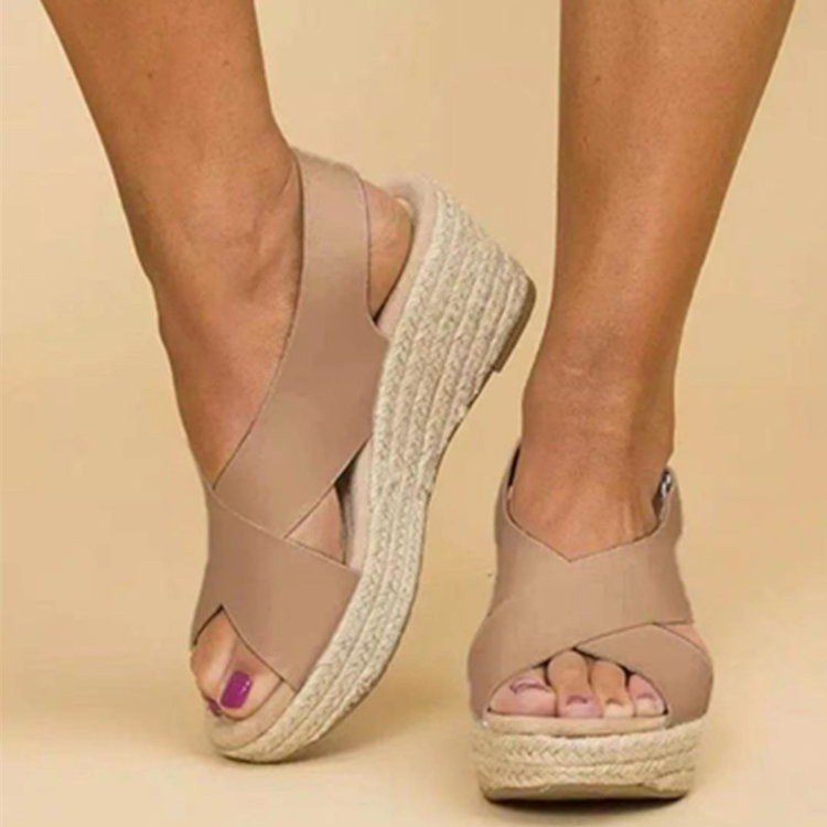 Damen Wedge-Sandalen mit Cross-Over-Riemen und juteumrandeter Sohle