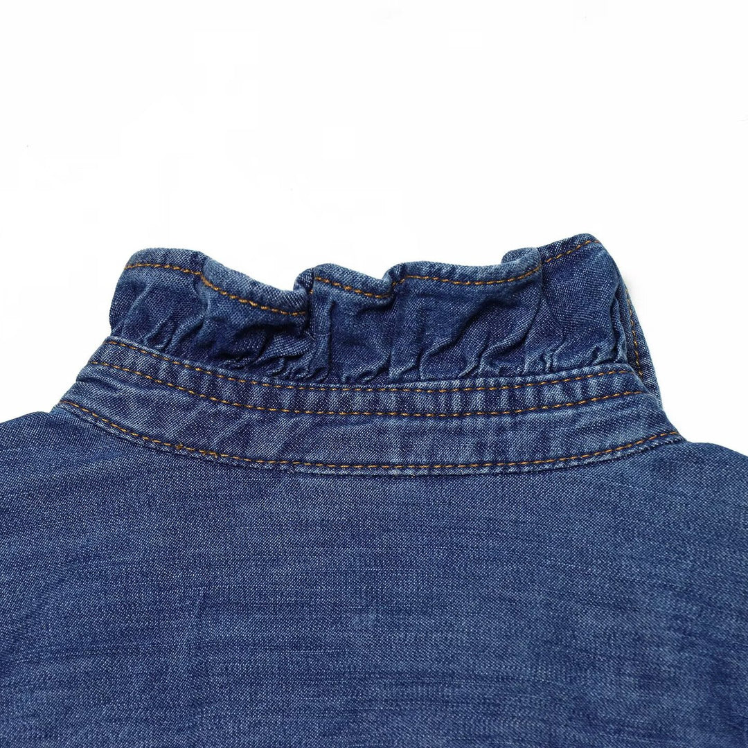 Damen Denim-Bluse mit Rüschenknopfleiste und Stehkragen Nord Taschen