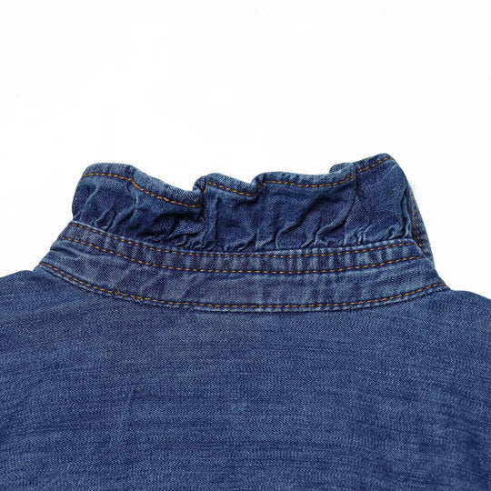 Damen Denim-Bluse mit Rüschenknopfleiste und Stehkragen Nord Taschen