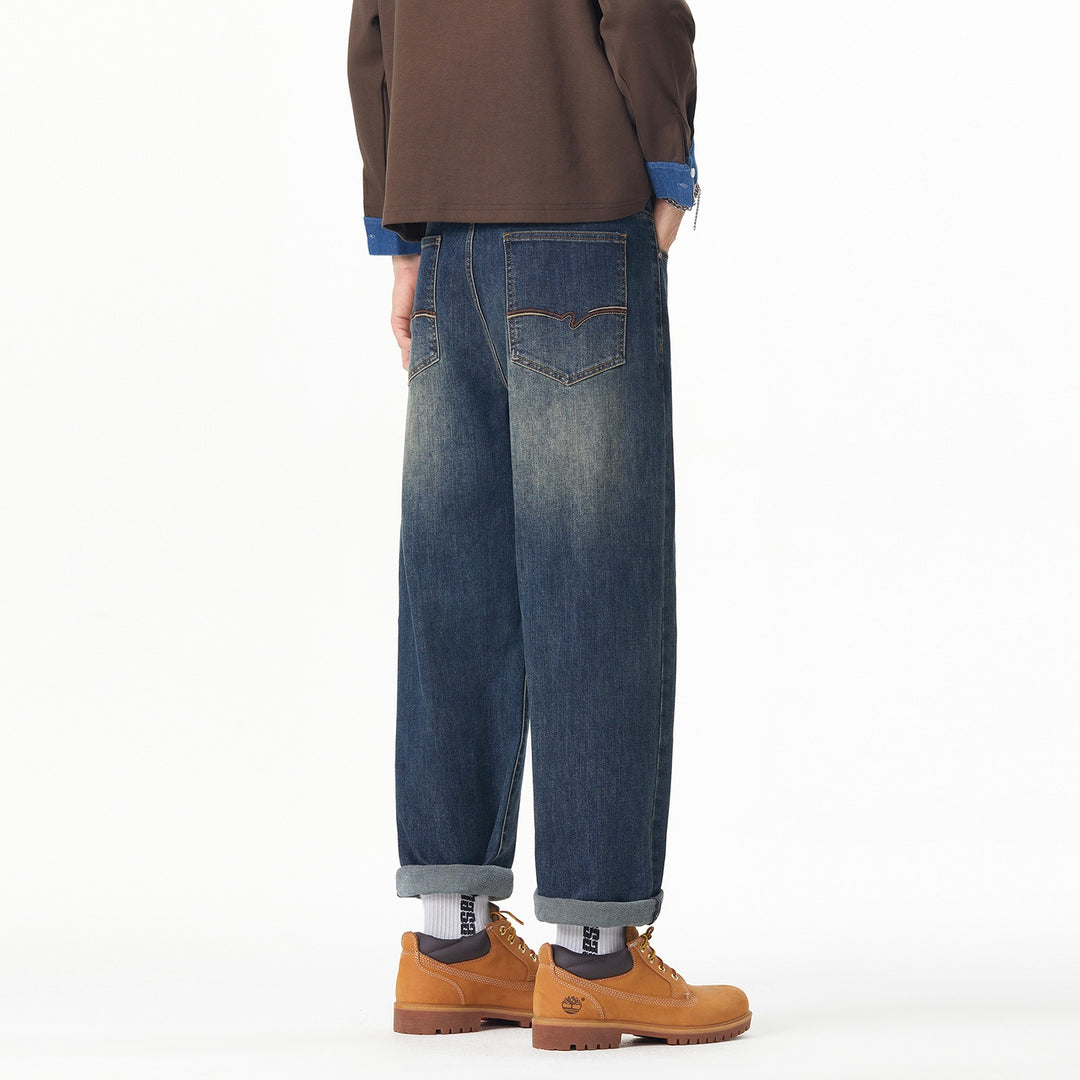 Herren Weite gerade geschnittene Denim-Jeans mit Used‑Wash und Umschlagbund Nord Taschen