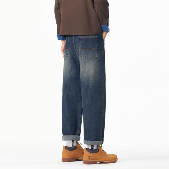 Herren Weite gerade geschnittene Denim-Jeans mit Used‑Wash und Umschlagbund Nord Taschen