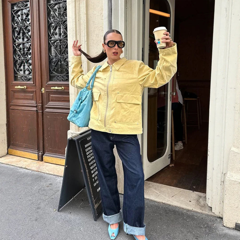 Damen Boxy-Canvas-Jacke mit Reißverschluss, Pattentaschen und Taillen-Zug Nord Taschen