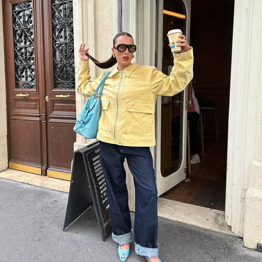 Damen Boxy-Canvas-Jacke mit Reißverschluss, Pattentaschen und Taillen-Zug Nord Taschen