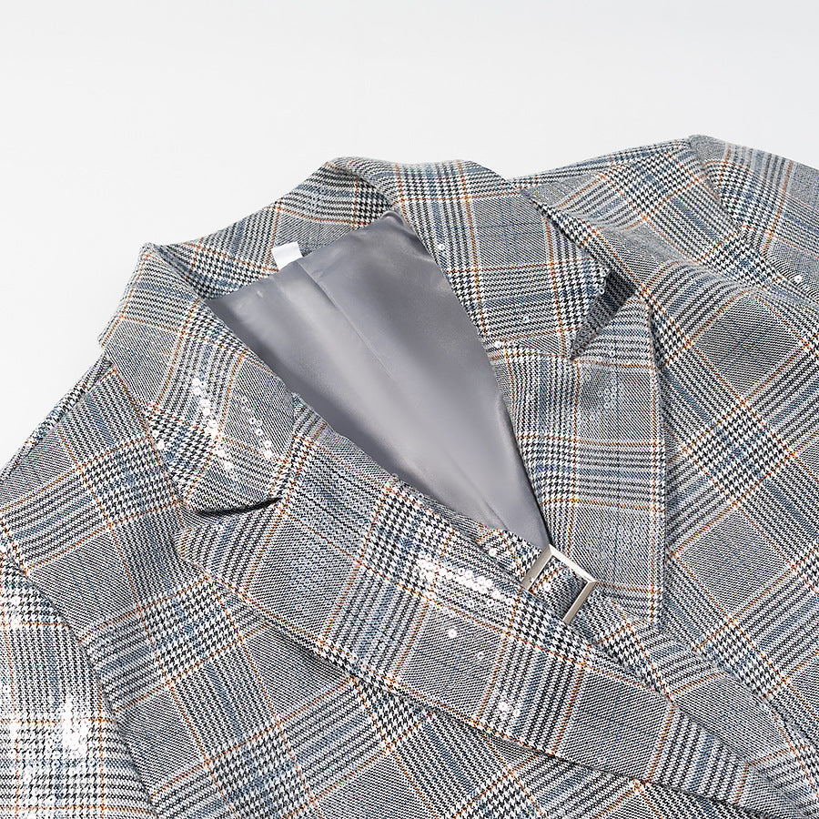 Damen Oversize Glencheck-Blazer mit einreihiger Knopfleiste, Pattentaschen und dezentem Paillettenbesatz Nord Taschen