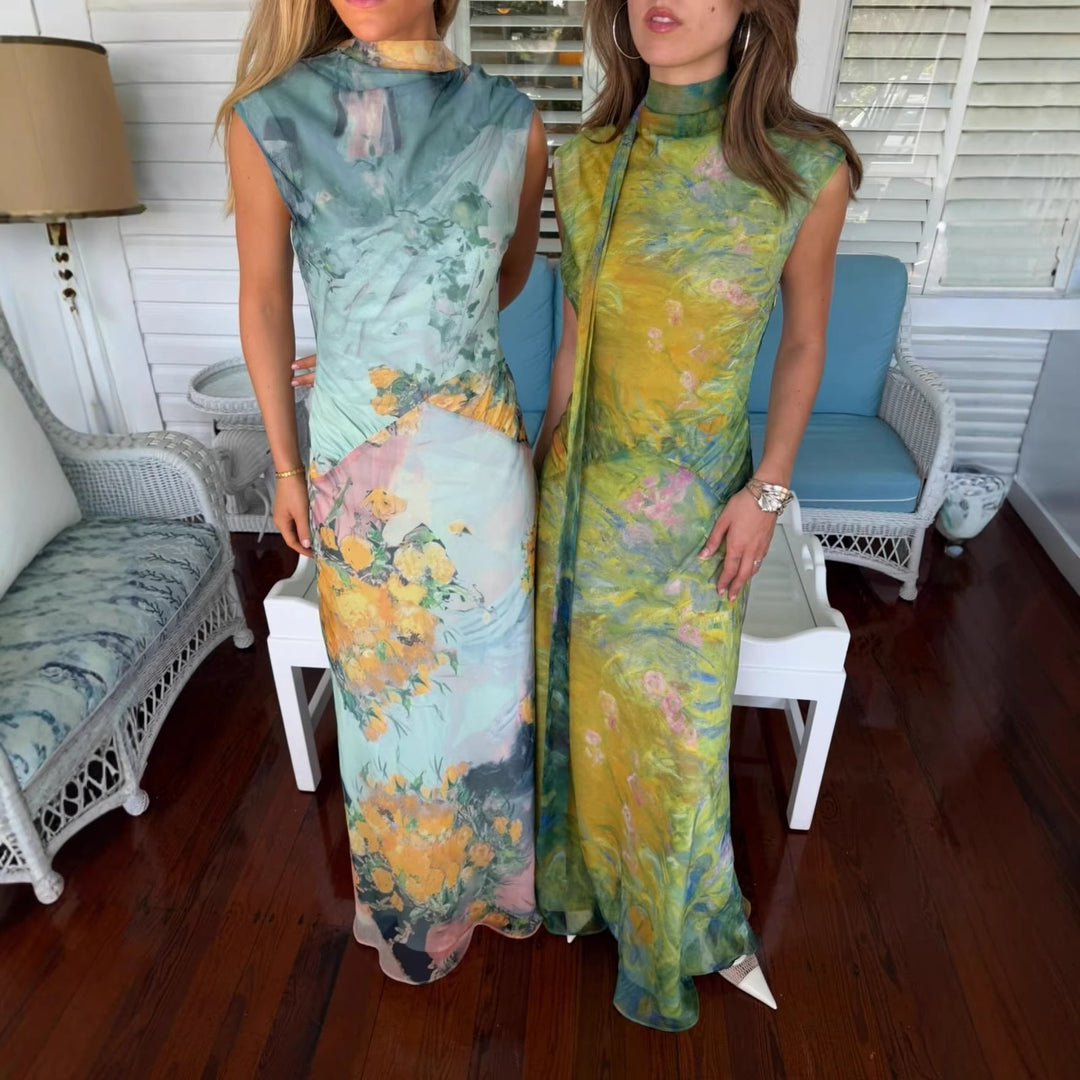 Damen Langes Kleid mit floralem Design und hochgeschlossenem Kragen Nord Taschen