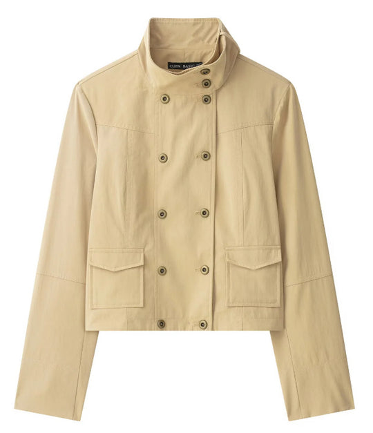 Damen Cropped Doppelreihige Kurzjacke im Blousonstil mit Stehkragen und Pattentaschen Nord Taschen