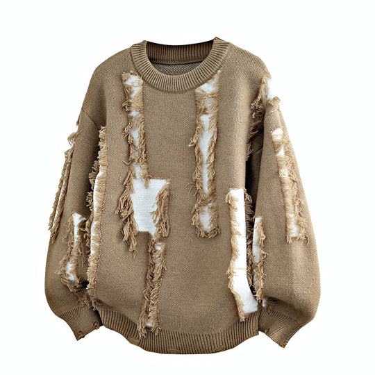 Herren Oversize Strickpullover mit Fransenapplikationen und Balloonärmeln Nord Taschen