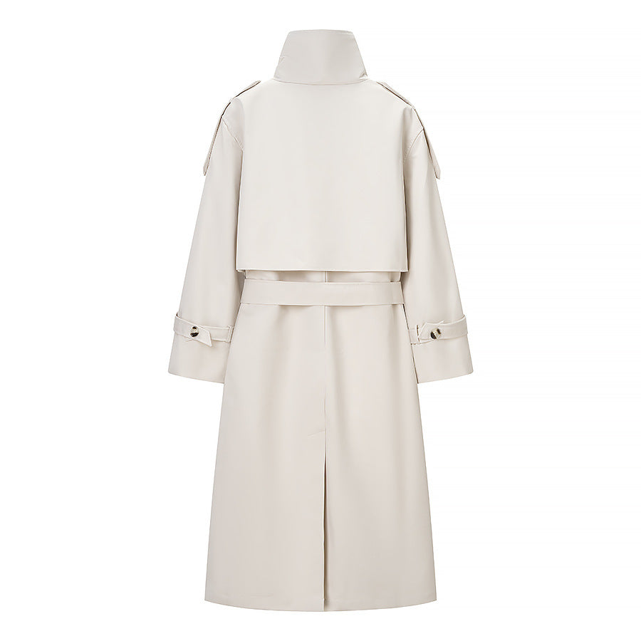 Damen Langer doppeltgereihter Trenchcoat mit hohem Stehkragen und Taillengürtel Nord Taschen
