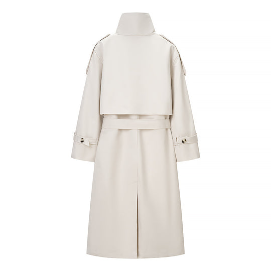 Damen Langer doppeltgereihter Trenchcoat mit hohem Stehkragen und Taillengürtel Nord Taschen