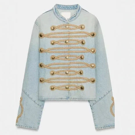 Damen Cropped-Jeansjacke im Military‑Stil mit dekorativer Kordelapplikation Nord Taschen