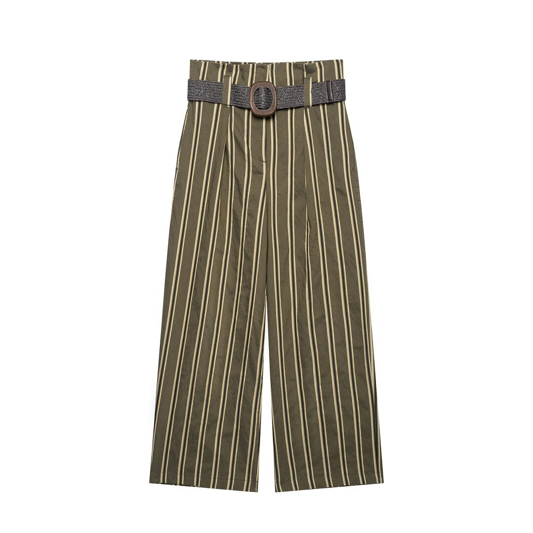 Damen Hochtaillierte weite Hose mit vertikalem Streifenmuster und Taillengürtel Nord Taschen