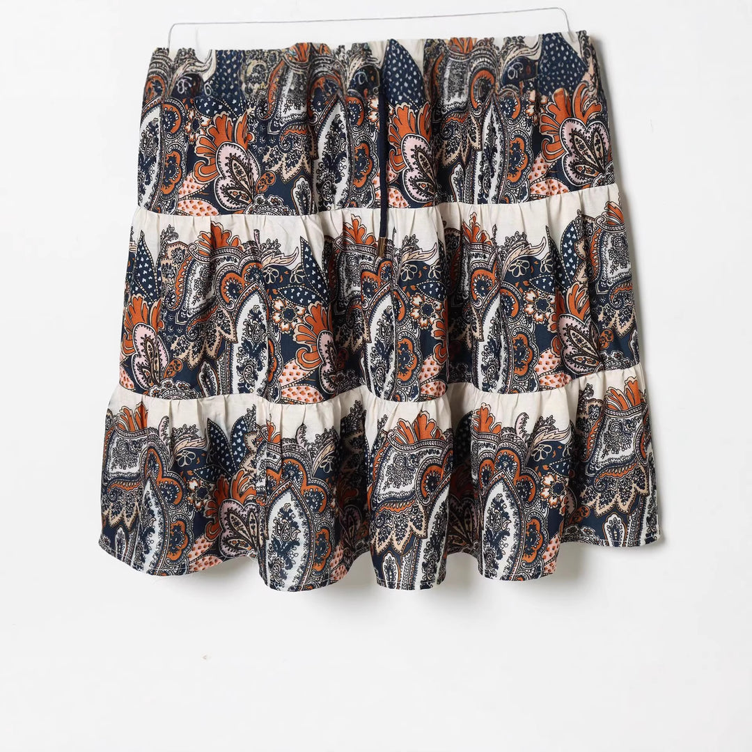 Damen Maxikleid im Stufenrock-Design mit Paisley-Print, Stehkragen und Taillenschnur Nord Taschen