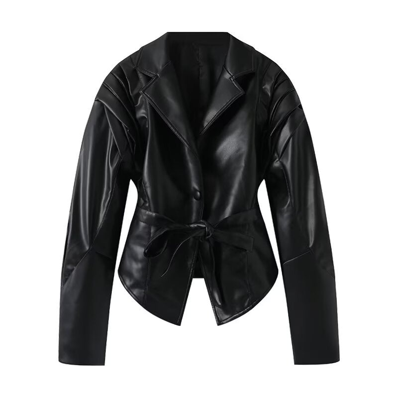 Damen Taillierte Wickeljacke aus Wildlederoptik mit Schulterplissee und Bindegürtel Nord Taschen
