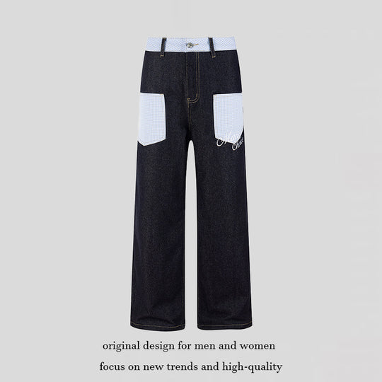 Damen Weite Denim-Hose im Culotte-Stil mit Karomuster-Taschen und hoher Taille Nord Taschen