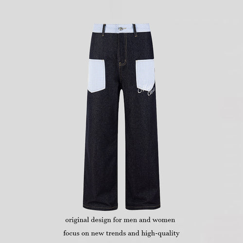 Damen Weite Denim-Hose im Culotte-Stil mit Karomuster-Taschen und hoher Taille Nord Taschen