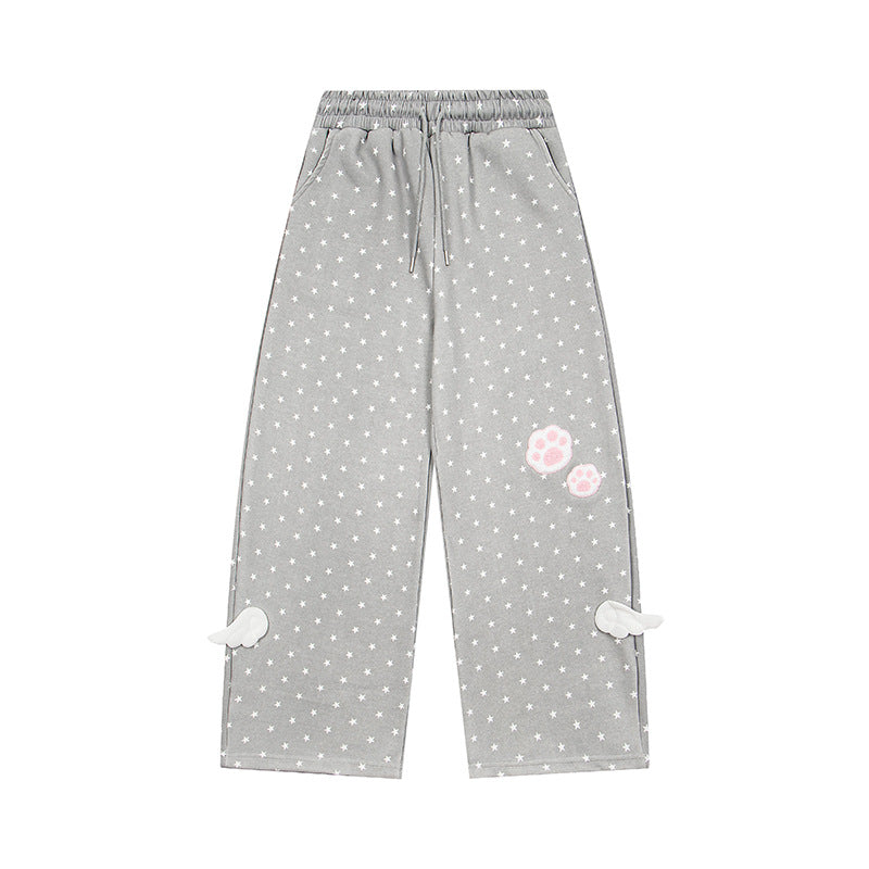 Damen Weite Lounge-Hose mit elastischem Bund, Sternenallover und Pfoten-Applikation Nord Taschen