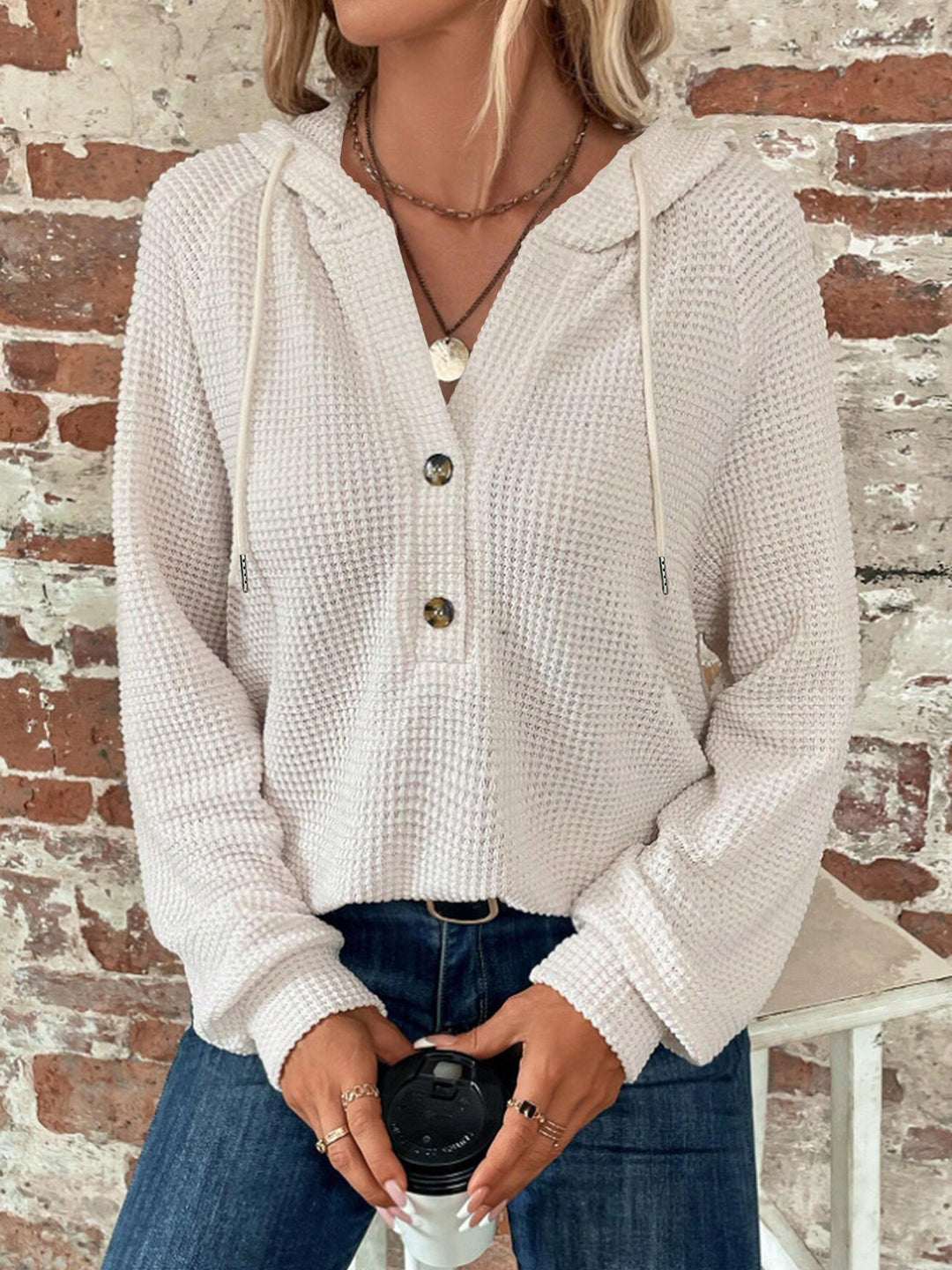 Damen Waffelstrick-Hoodie mit halber Knopfleiste und Kapuze Nord Taschen