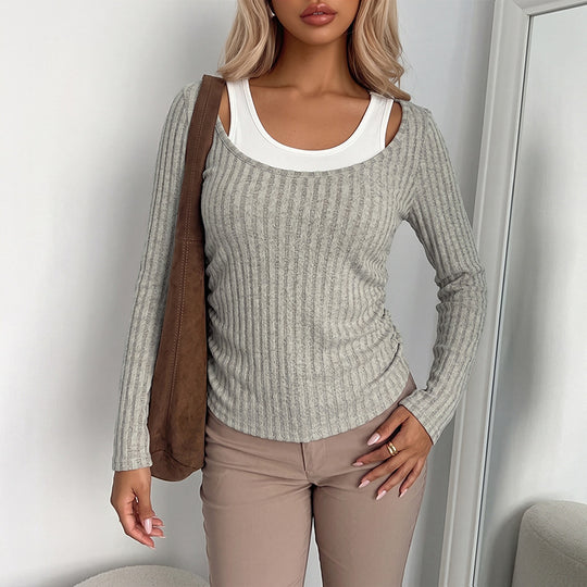 Damen Bequemer Rippenpullover mit V-Ausschnitt Nord Taschen