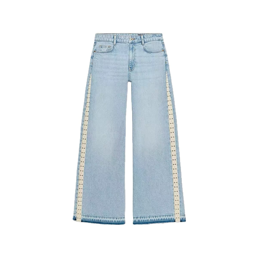 Damen Highwaist Cropped Wide‑Leg Jeans mit Häkelspitzen-Seitenstreifen Nord Taschen