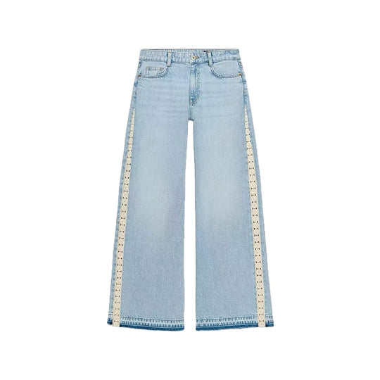 Damen Highwaist Cropped Wide‑Leg Jeans mit Häkelspitzen-Seitenstreifen Nord Taschen