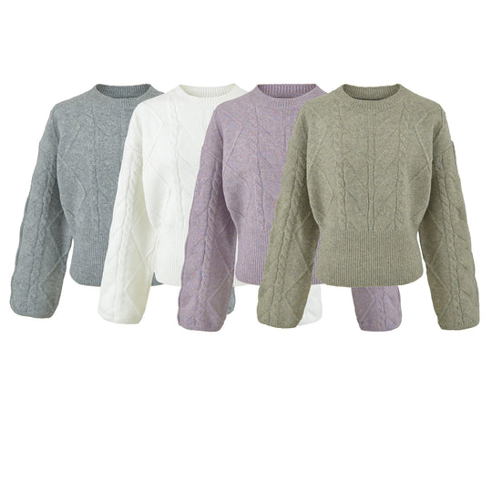 Damen Kurzer Zopfmuster-Strickpullover mit tailliertem Rippbündchen Nord Taschen