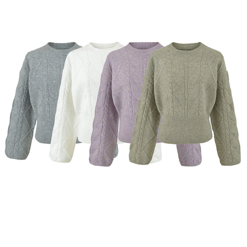 Damen Kurzer Zopfmuster-Strickpullover mit tailliertem Rippbündchen Nord Taschen