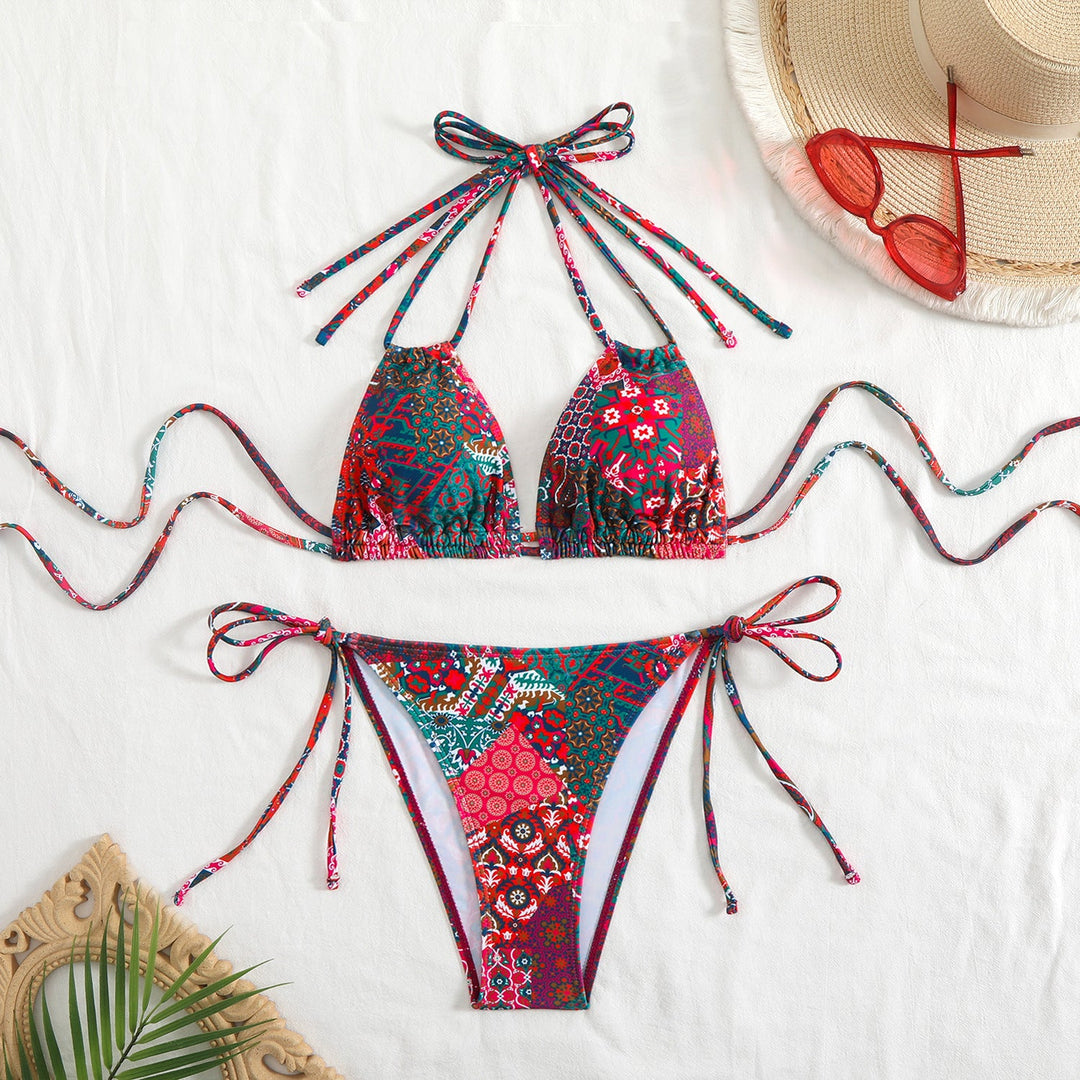 Damen Bikini-Set mit verspieltem Bindeband und buntem Muster