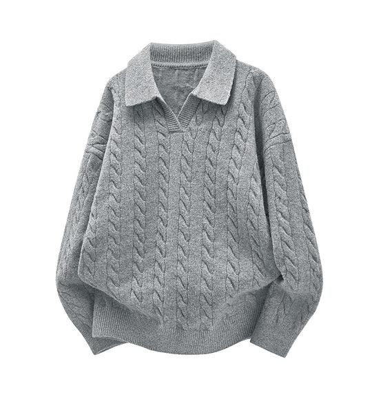 Damen Oversize Kabelstrick-Polo-Pullover mit V‑Ausschnitt und geripptem Saum Nord Taschen