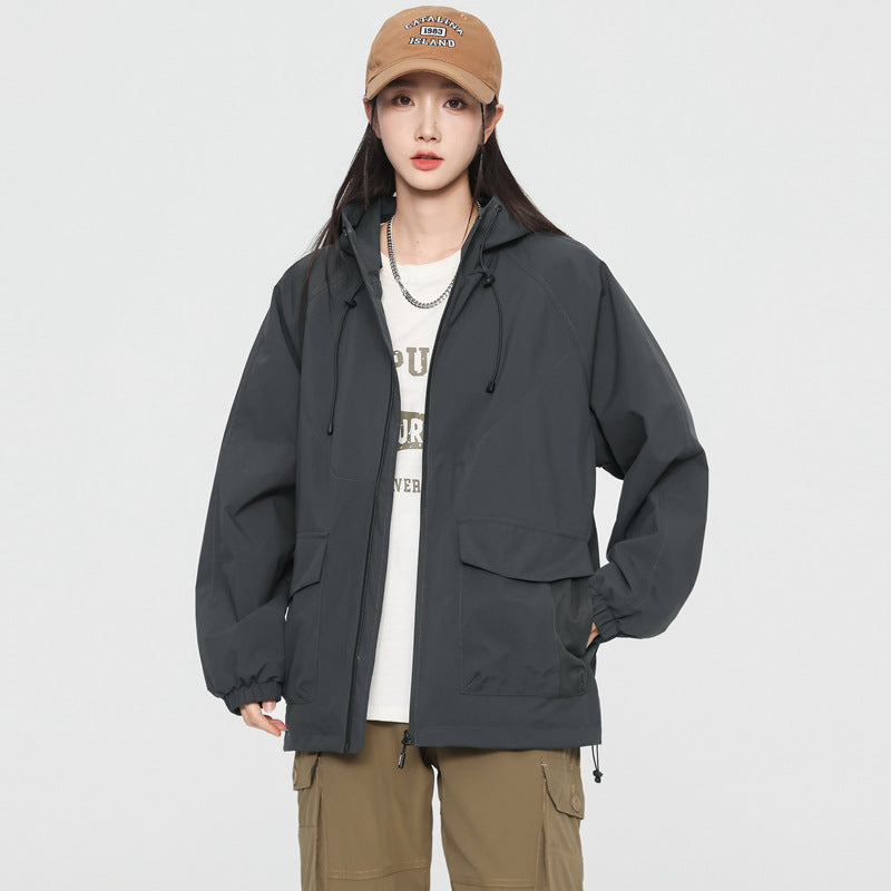 Damen Oversize Windbreaker Jacke mit Kapuze und Cargotaschen Nord Taschen