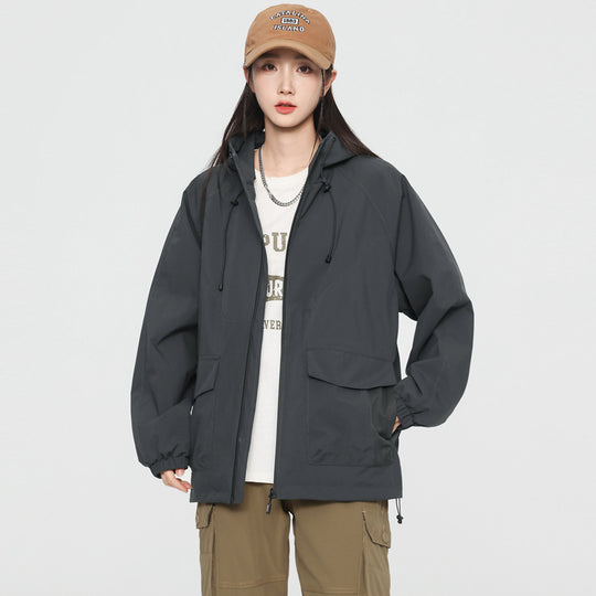 Damen Oversize Windbreaker Jacke mit Kapuze und Cargotaschen Nord Taschen