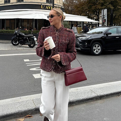 Damen Kurze Bouclé-Tweed-Jacke mit Fransenbesatz und Zierknöpfen Nord Taschen