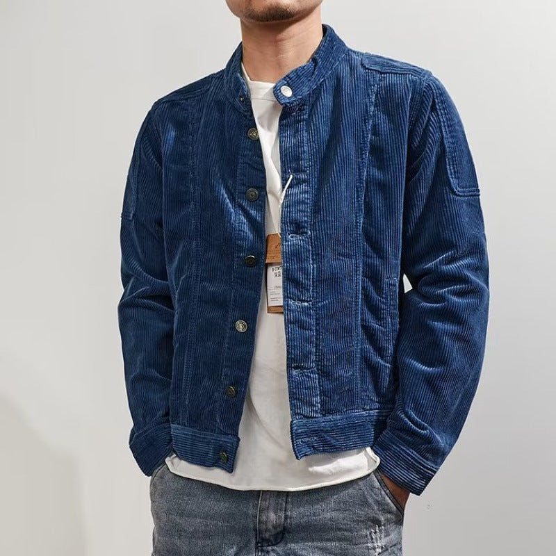 Herren Kurz geschnittene Kordjacke im Worker‑Style mit Stehkragen und Druckknopfleiste Nord Taschen