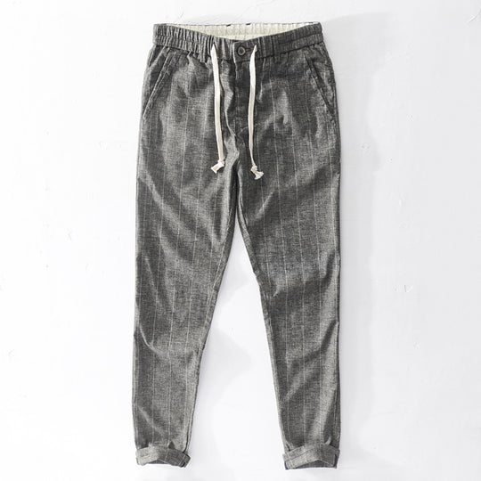 Herren lässige Hose mit elastischem Bund und Kordel schmal zulaufend Nadelstreifenoptik Nord Taschen