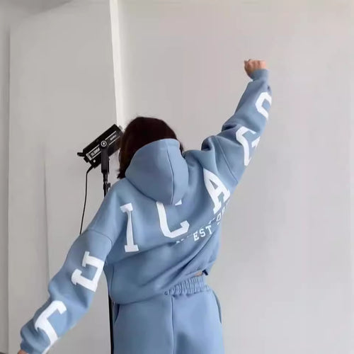 Damen Oversized Kapuzenpullover mit großflächigem Blockprint Nord Taschen