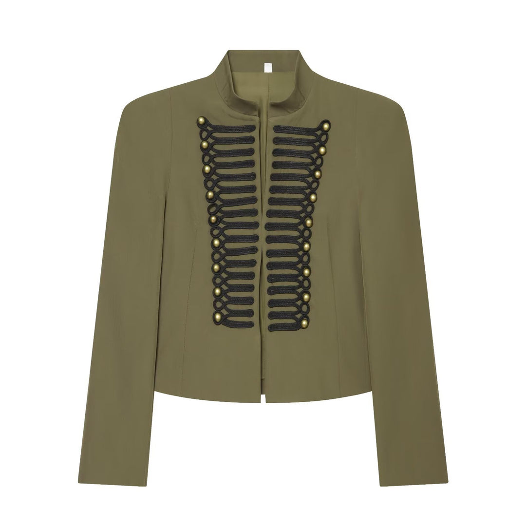 Damen Cropped Military-Blazer mit ornamentaler Kordelverzierung und Stehkragen Nord Taschen