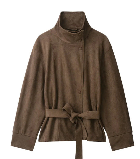 Damen Kurzjacke aus Veloursoptik mit Stehkragen und Taillengürtel Nord Taschen
