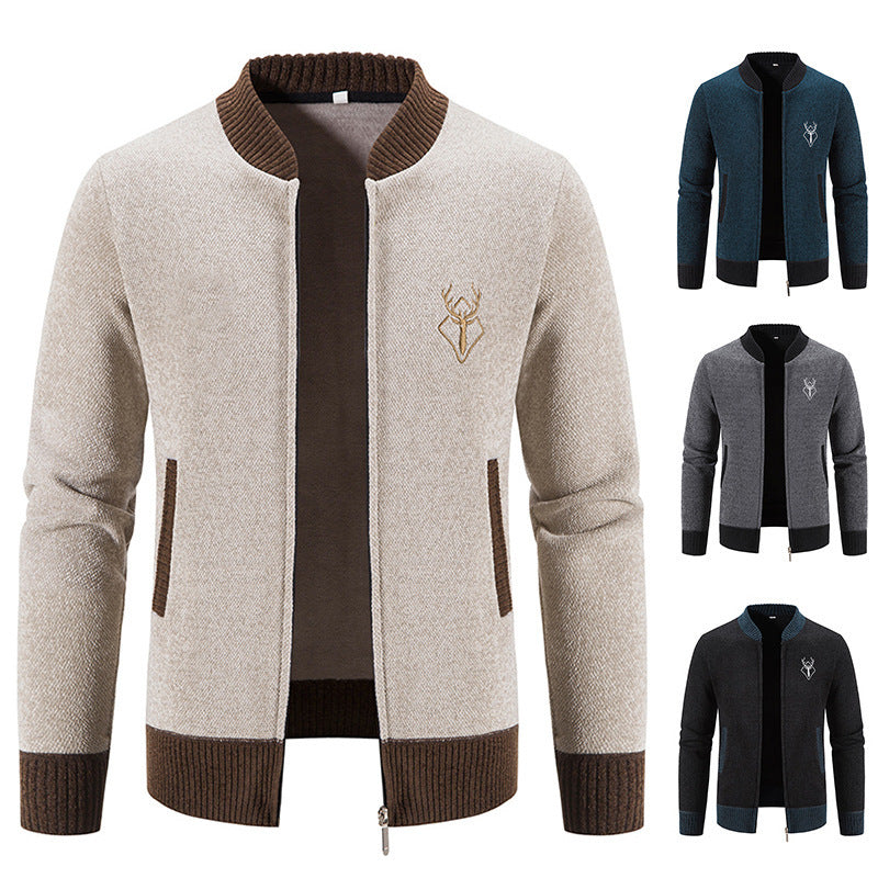 Herren lässiger Zip-Strickblouson mit weichem Thermofutter, geripptem Stehkragen und Hirsch-Logo Nord Taschen