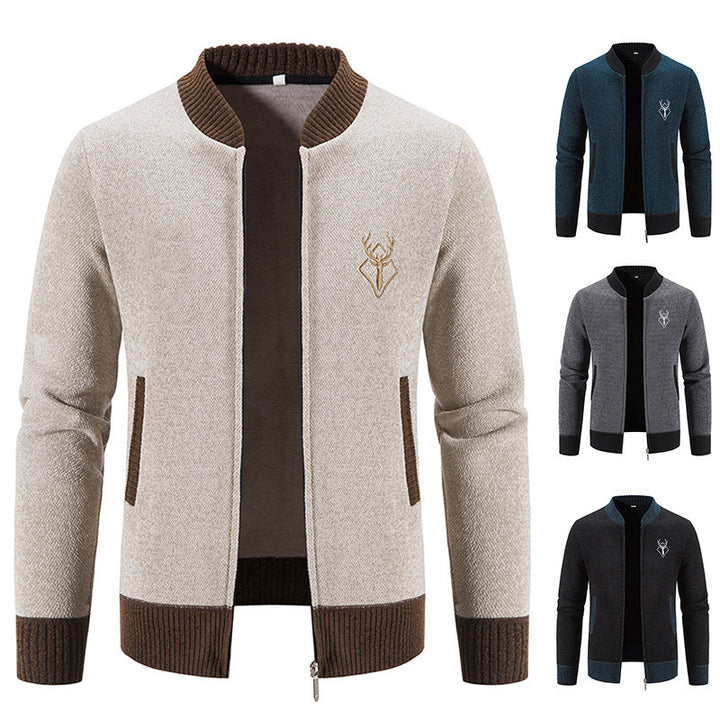 Herren lässiger Zip-Strickblouson mit weichem Thermofutter, geripptem Stehkragen und Hirsch-Logo Nord Taschen