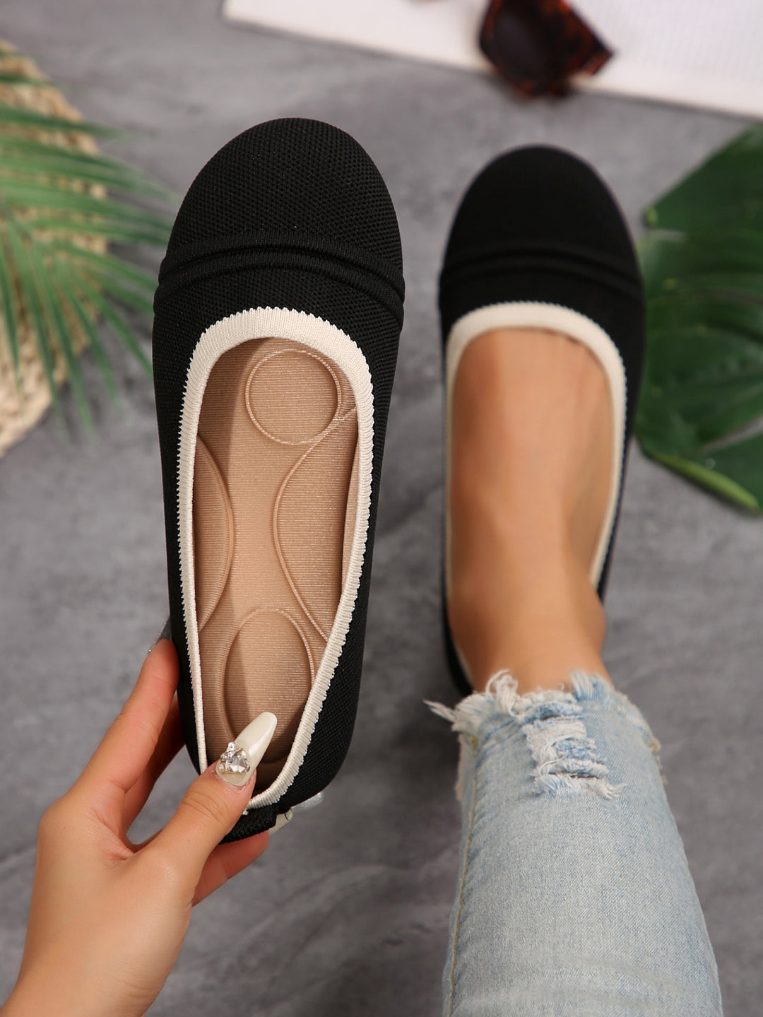 Damen  atmungsaktive Strick‑Ballerina mit ergonomischem Memory‑Fußbett und rutschfester Flexsohle Nord Taschen