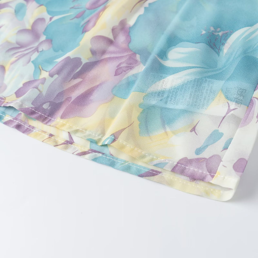 Damen Blumenprint-Chiffonbluse mit weitem Ballonärmel und Hemdkragen Nord Taschen
