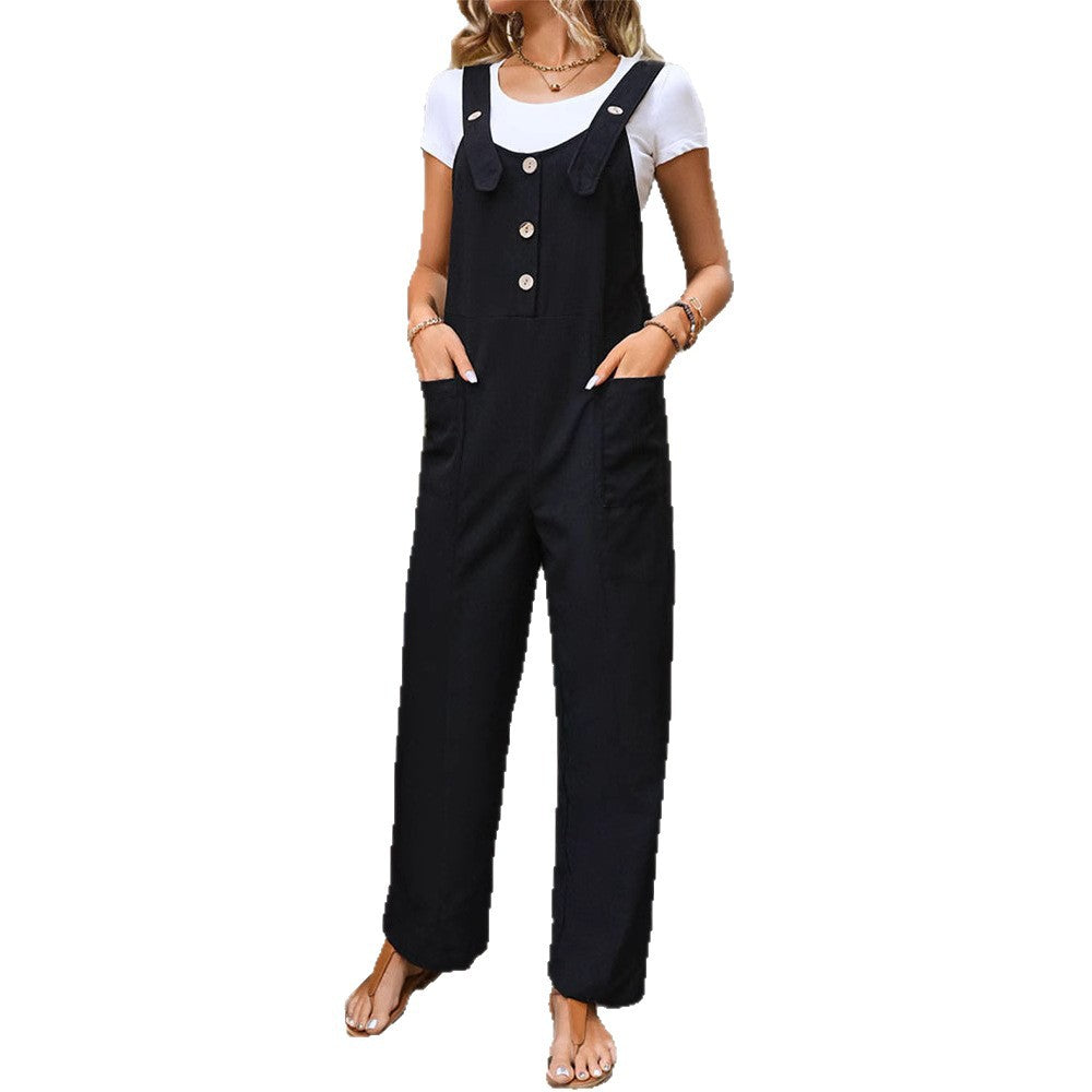 Damen Weichfallender Latz-Jumpsuit mit weitem Bein und Holzknopf‑Verschluss Nord Taschen