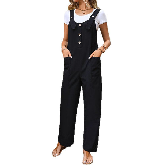 Damen Weichfallender Latz-Jumpsuit mit weitem Bein und Holzknopf‑Verschluss Nord Taschen