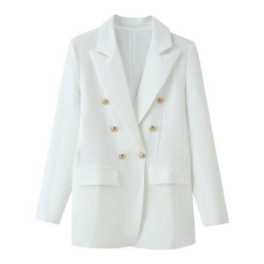 Damen Longline-Doppelreiher Blazer mit markanten Revers und goldenen Zierknöpfen Nord Taschen