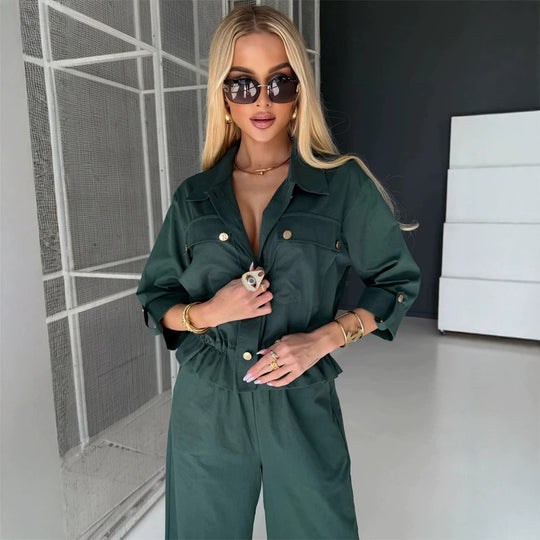 Damen Zweiteiliges Utility-Hemdjacken- und Hochbundhosen-Set mit Kordelzug und goldenen Druckknöpfen Nord Taschen