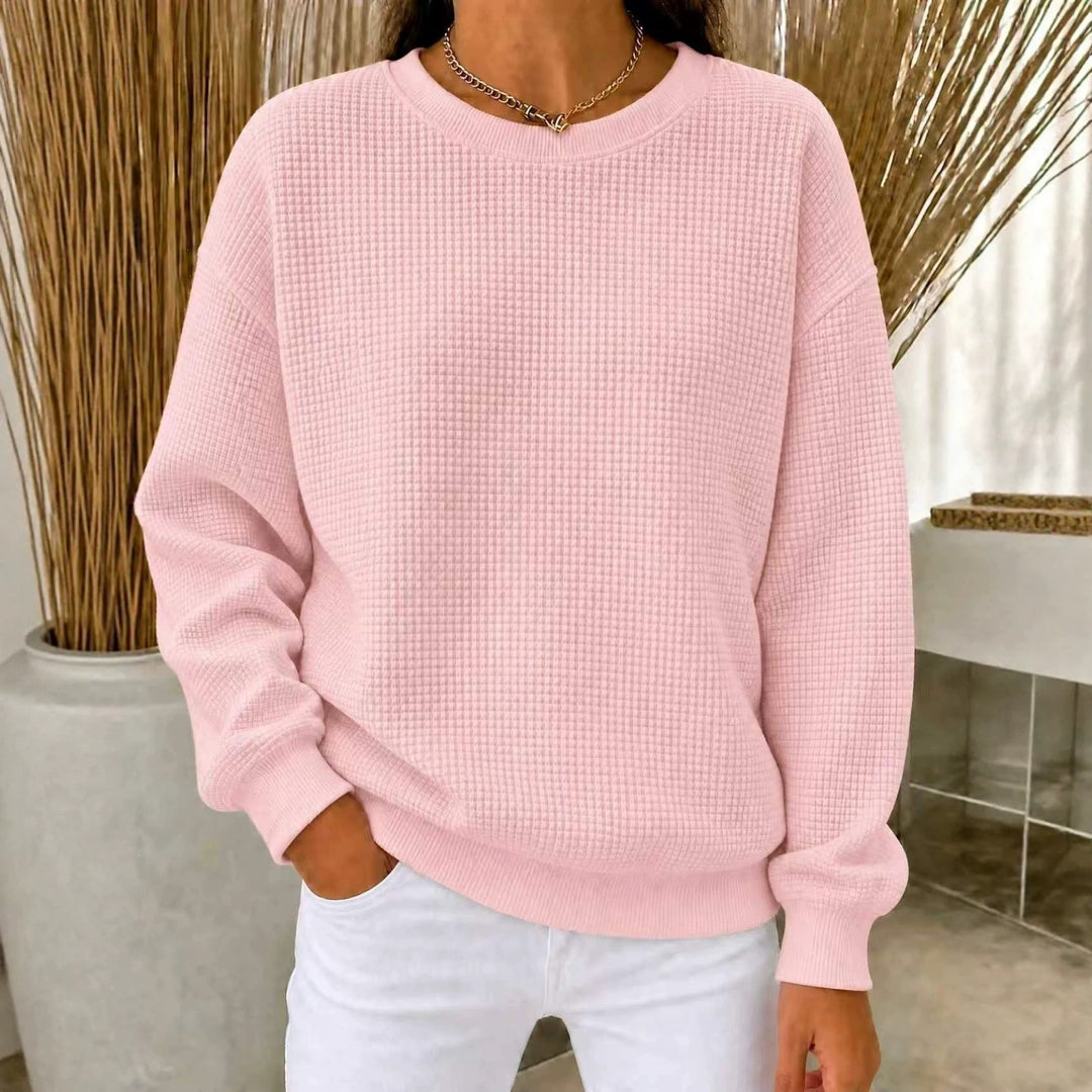 Damen Lockeres Waffelstrick-Sweatshirt mit Rundhalsausschnitt und Rippbündchen Nord Taschen