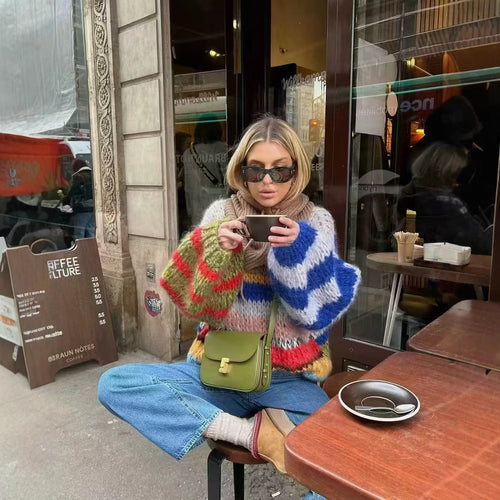 Damen Oversize-Strickpullover aus Mohairmix mit voluminösen Ballonärmeln und Blockstreifen Nord Taschen